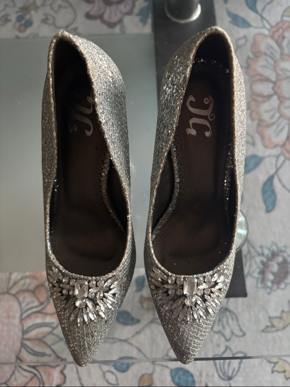 JC  Silver Glitter Pointed-Toe Heels with Crystal Accent party shoes